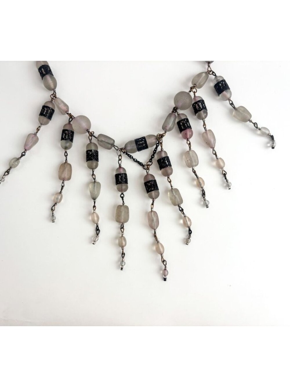 Pink & Silver Toned Multi Sectioned Tassel Vintage Beaded Statement Necklace